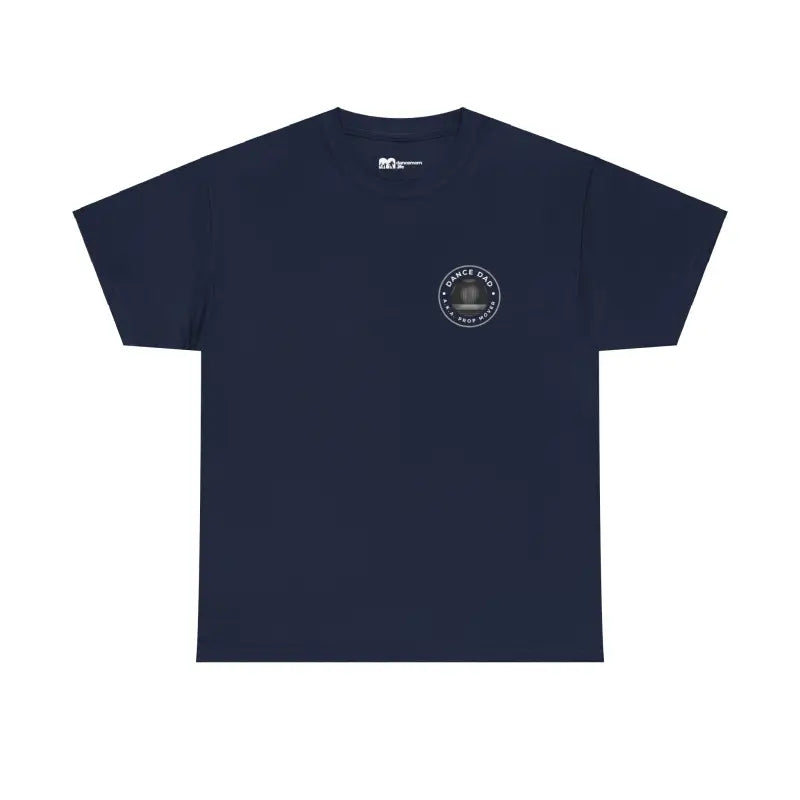 Navy blue t-shirt with a small circular logo on the chest.