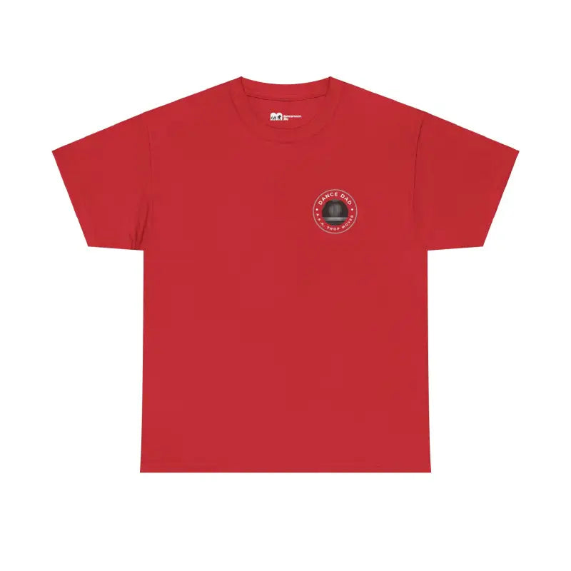 Red t-shirt with a small circular logo on the chest.