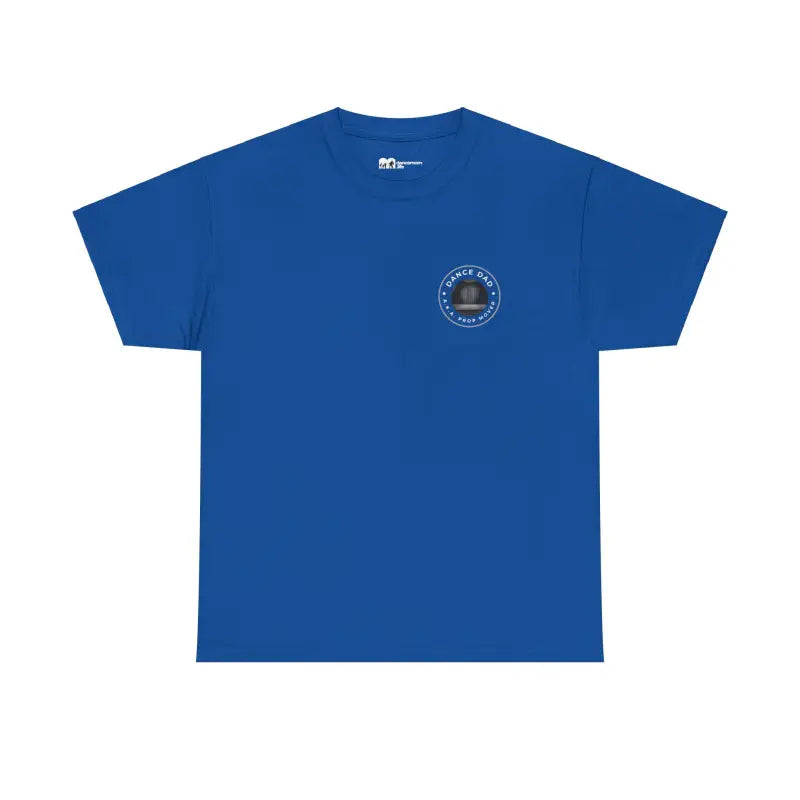 Royal blue t-shirt with a small circular logo on the chest.