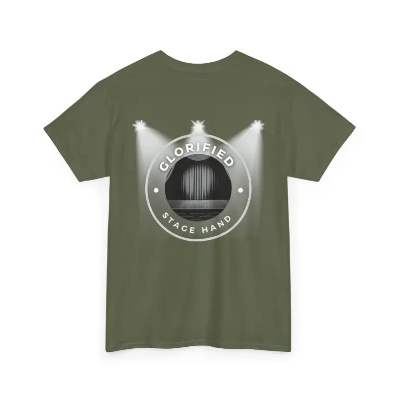 Olive green t-shirt with a circular spotlight logo design on the back.