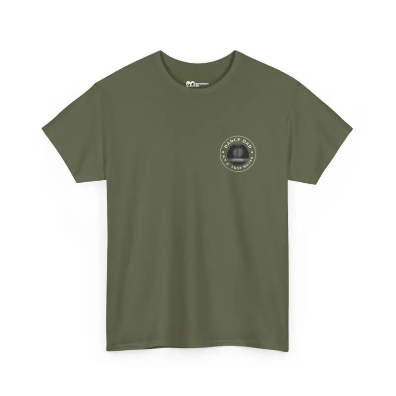 Olive green t-shirt with a small circular logo on the chest.