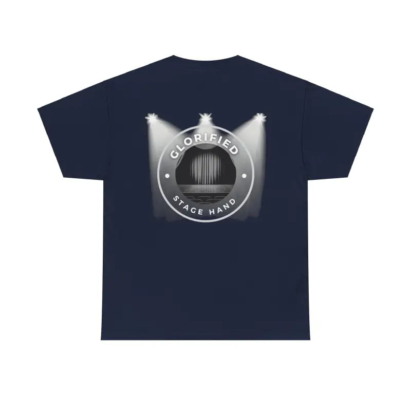 Navy blue t-shirt with a circular metallic logo featuring stage lights.