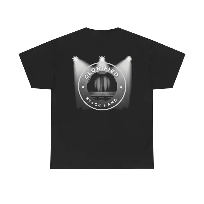 Black t-shirt with a circular ’Glorified Stage Hand’ logo featuring spotlights.
