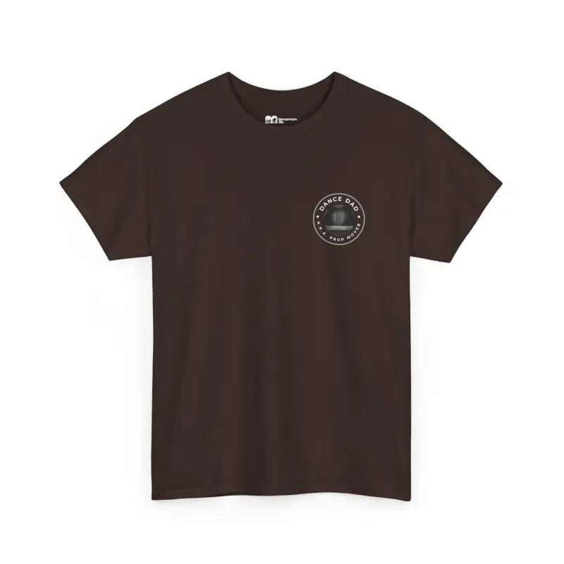 Brown t-shirt with a circular logo on the chest.