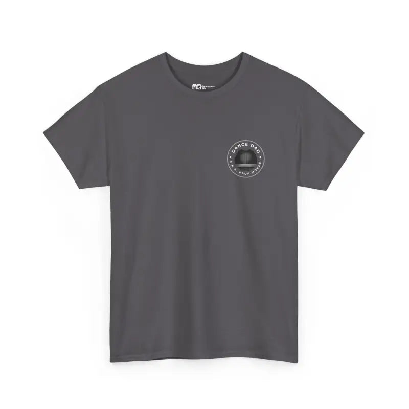 Gray t-shirt with a circular logo on the chest.