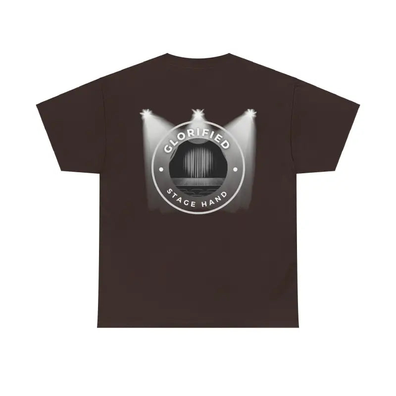 Brown t-shirt with a circular logo featuring spotlights and ’Space Hair’ text.