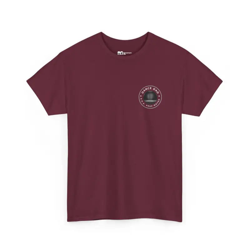 Burgundy t-shirt with a small circular logo on the chest.