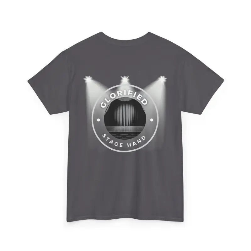 Gray t-shirt featuring a circular logo with spotlights and ’Glorified Space Hang’ text.