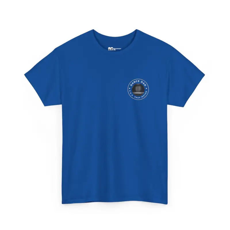 Royal blue t-shirt with a small circular logo on the chest.