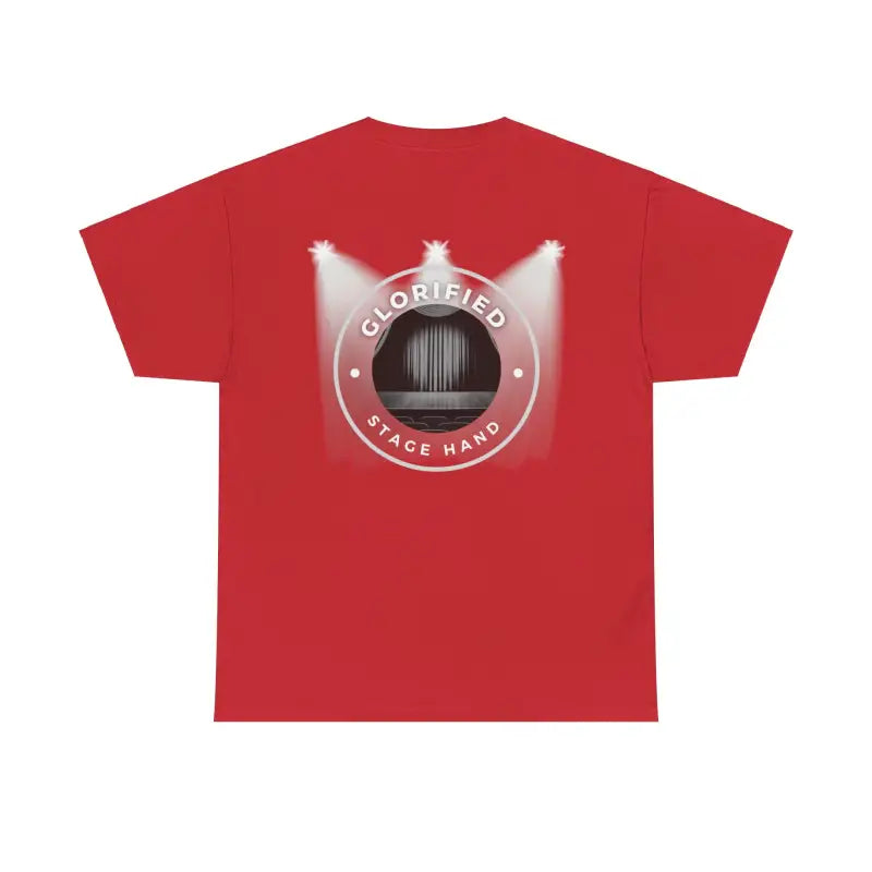 Red t-shirt with a circular Garrifield Stage Radio logo featuring spotlights.