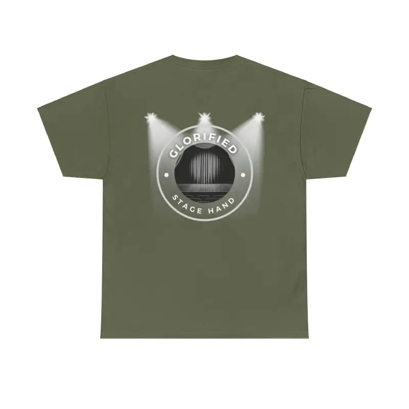 Olive green t-shirt with a circular ’Goldfield Space Wars’ logo featuring spotlights on the back.