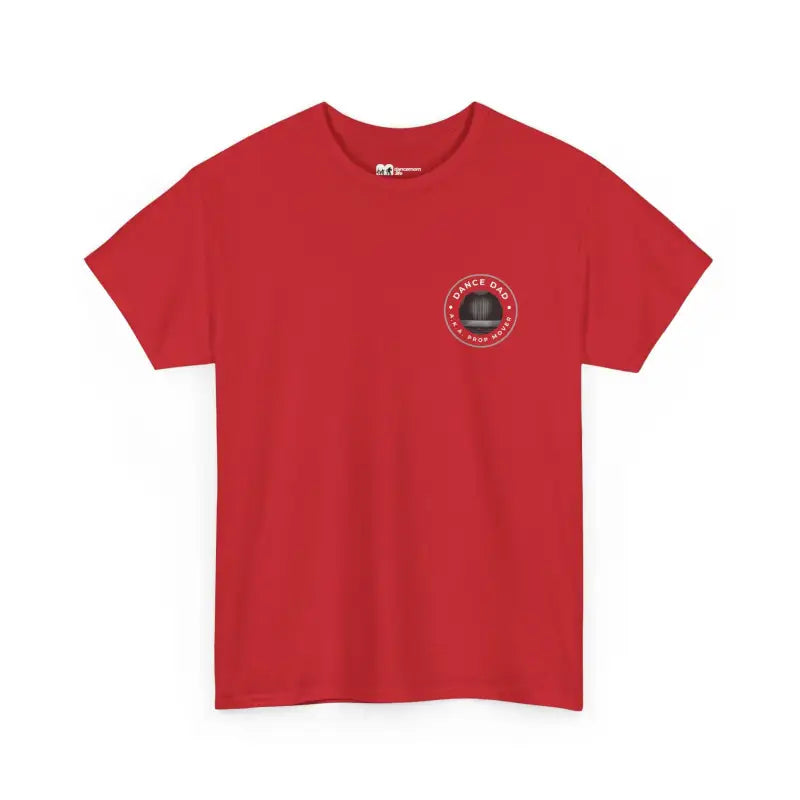Red t-shirt with a small circular logo on the chest.