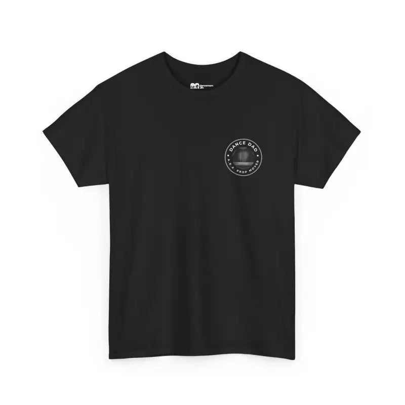 Black t-shirt with a small circular logo on the chest.