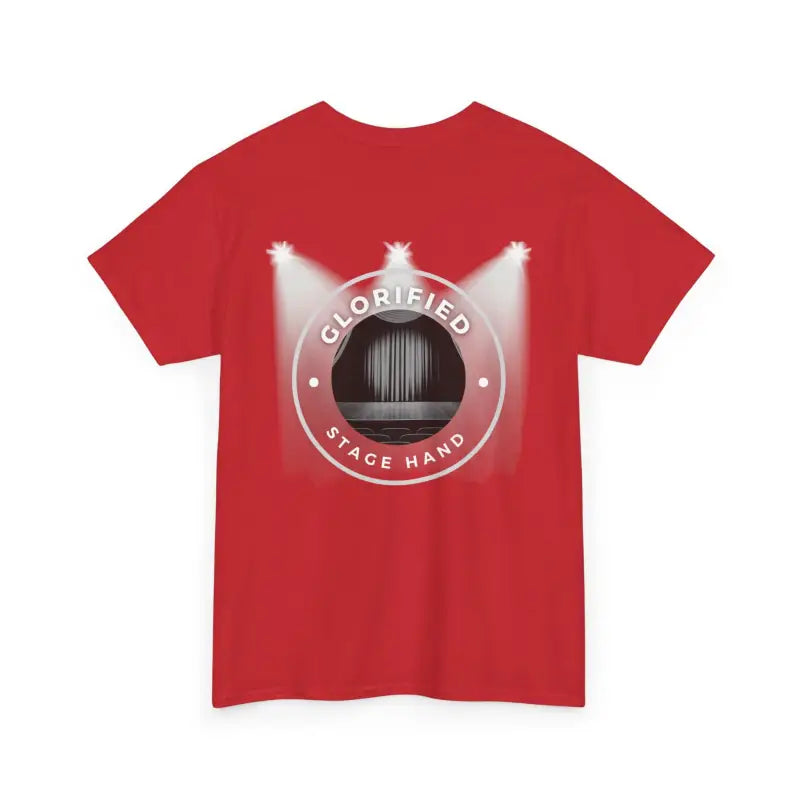 Red t-shirt with a circular ’Glorified Space Hang’ logo featuring spotlights and a barcode design.