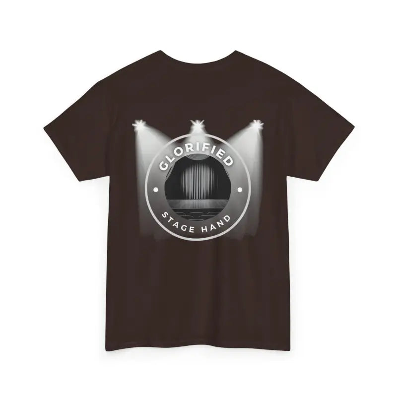 Brown t-shirt featuring a circular ’Glorified Space Hang’ logo with spotlights shining on it.