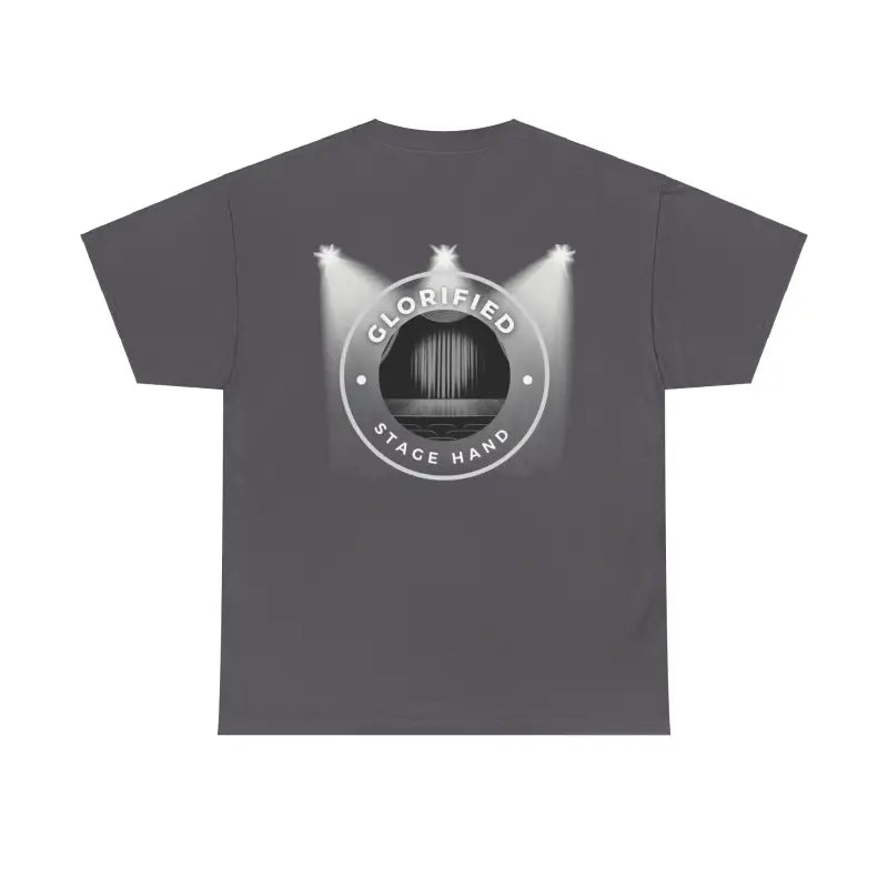 Gray t-shirt with a circular logo featuring spotlights and text reading ’Glorified Space Hair’
