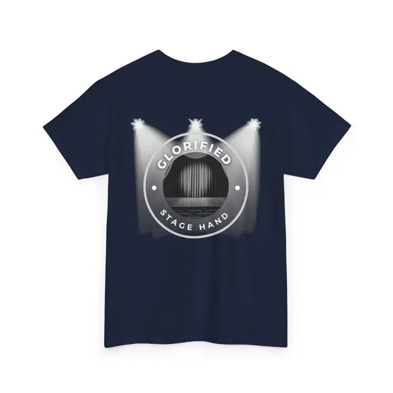 Navy blue t-shirt with a circular ’Glorified Space Hang’ logo featuring spotlights and a top hat design.
