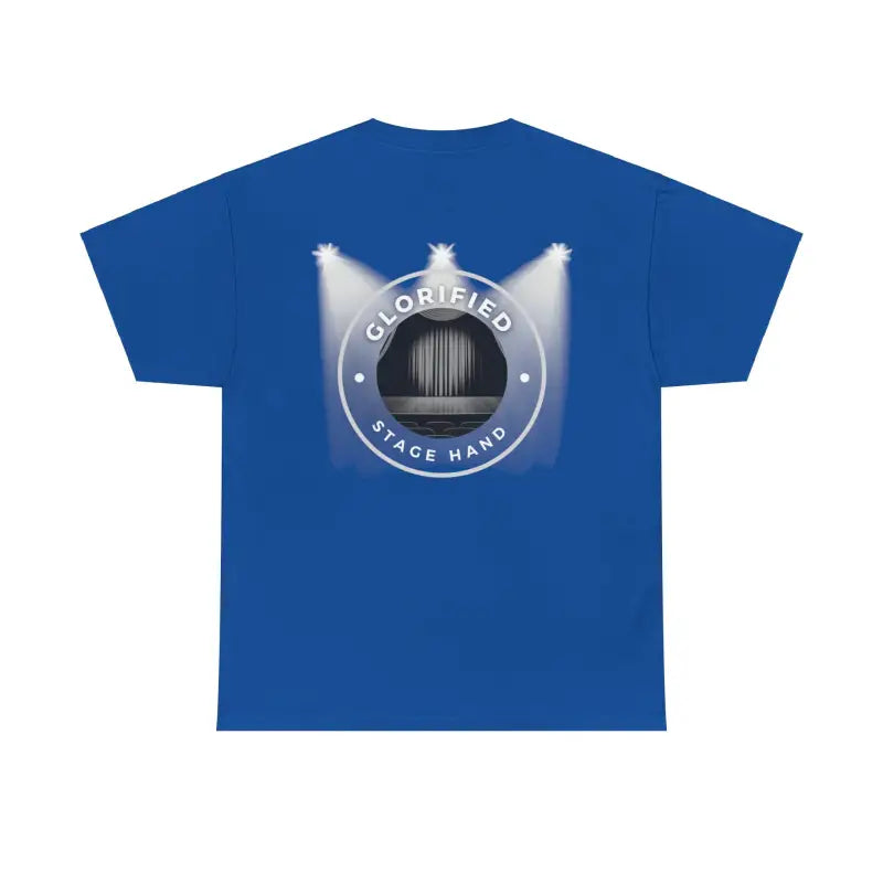 Royal blue t-shirt with a circular stage light logo design on the back.