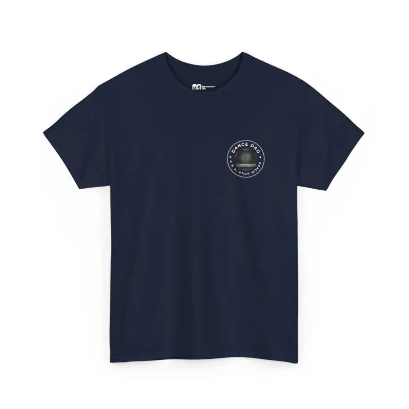 Navy blue t-shirt with a small circular logo on the chest.