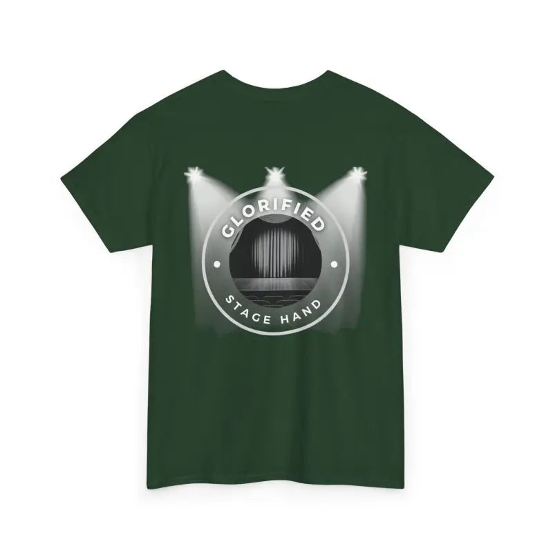 Dark green t-shirt with a circular spotlight logo design on the back.