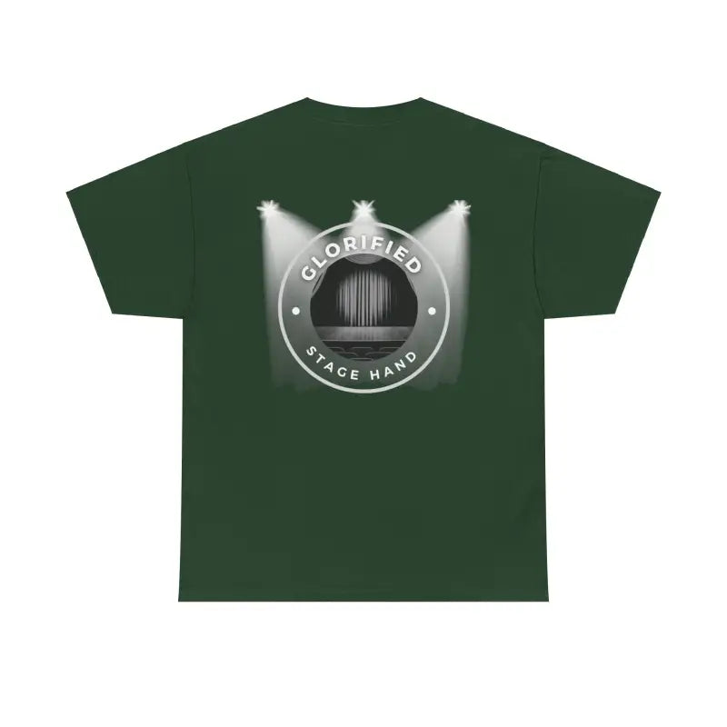 Dark green t-shirt with a circular ’Glorified Stage Hand’ logo featuring spotlights.
