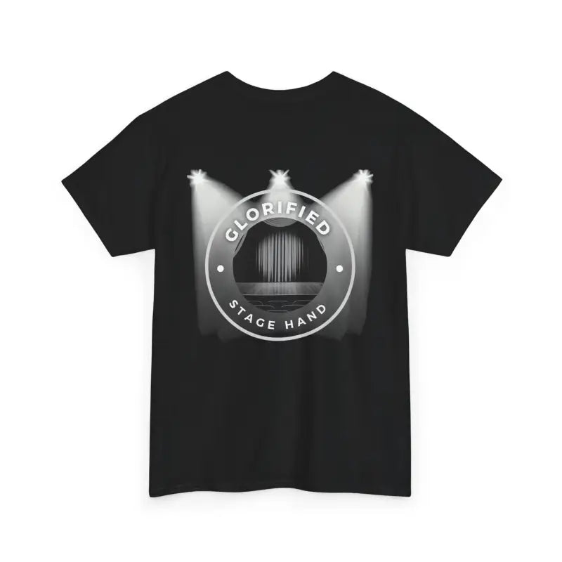 Black t-shirt with a circular ’Glorified Space Hang’ logo featuring spotlights.