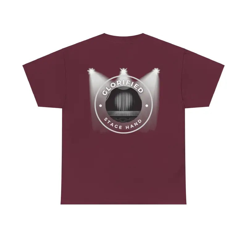 Maroon t-shirt with a circular spotlight logo design on the back.