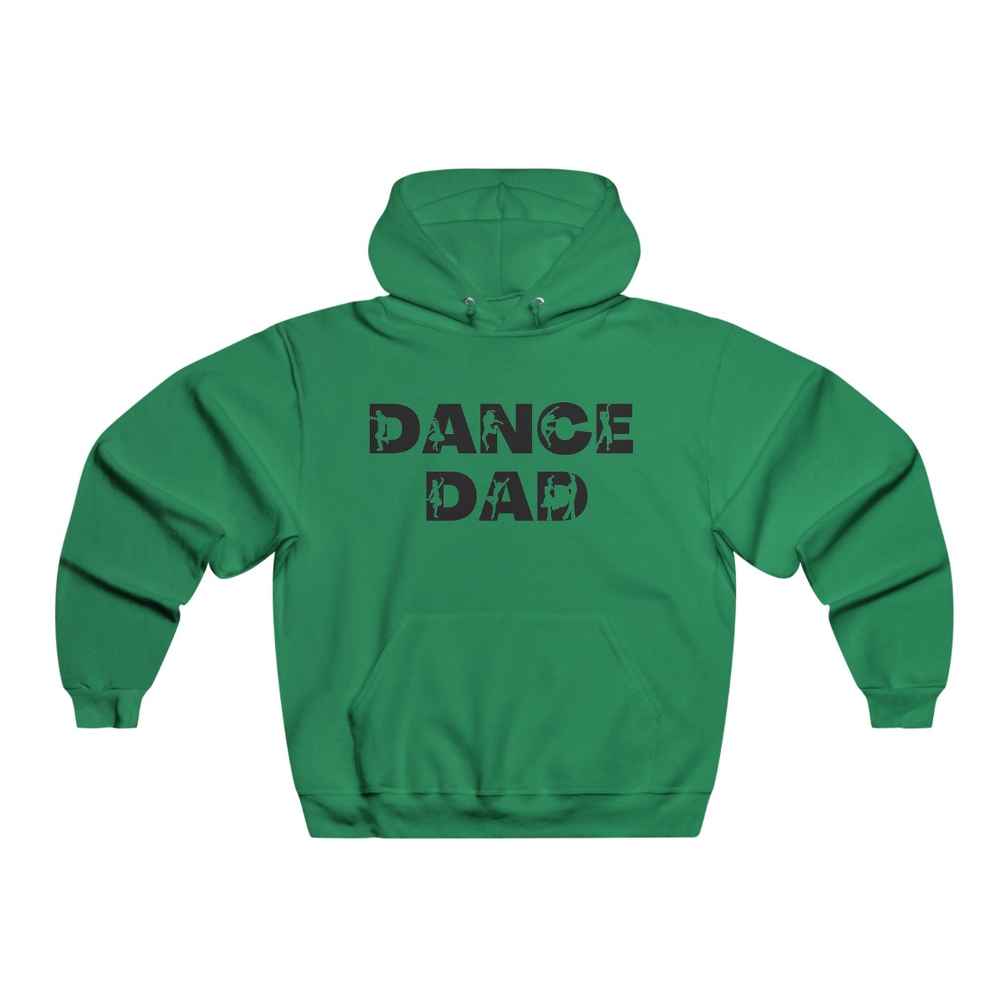 Green ’dance dad’ hoodie with black lettering and silhouette graphics.