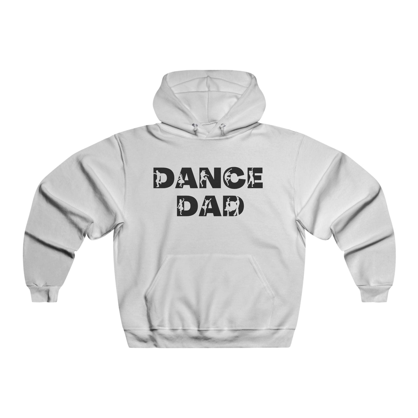 White ’dance dad’ hoodie with black graphic design featuring silhouettes of dancers.