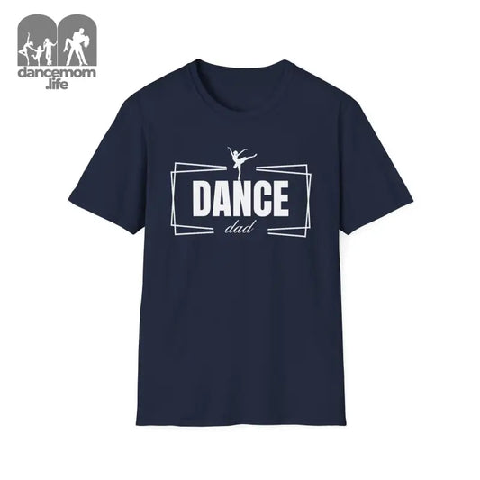 Navy blue t-shirt with ’DANCE dad’ text and a silhouette of a dancer printed on the front.