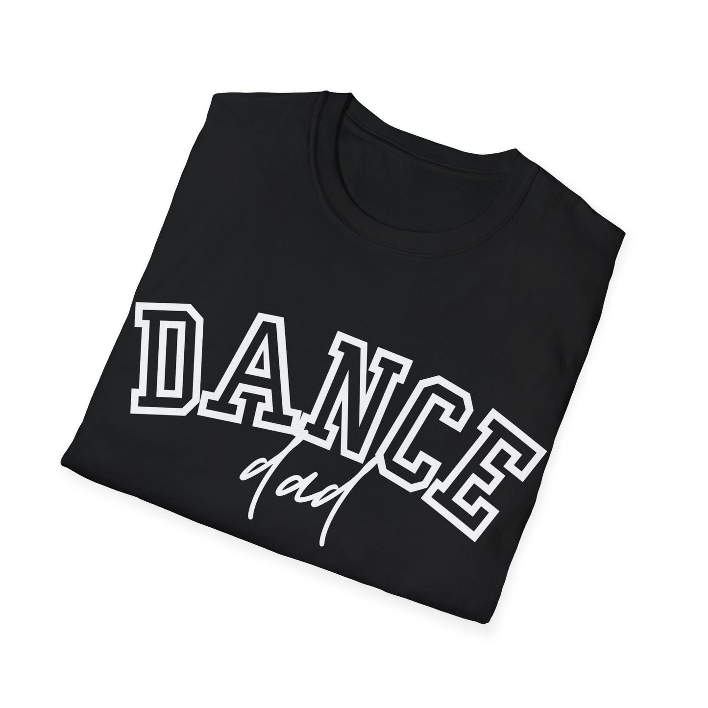 Black cotton t-shirt with bold white ’dance’ lettering and a cursive ’dad’ underneath.