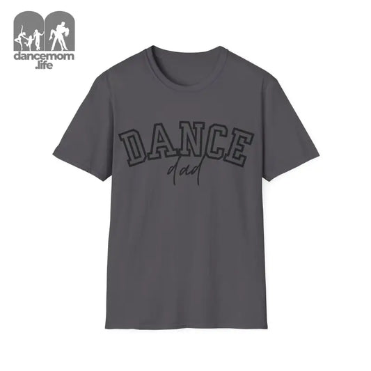 Gray t-shirt with ’DANCE dad’ printed on the front in a stylized font.