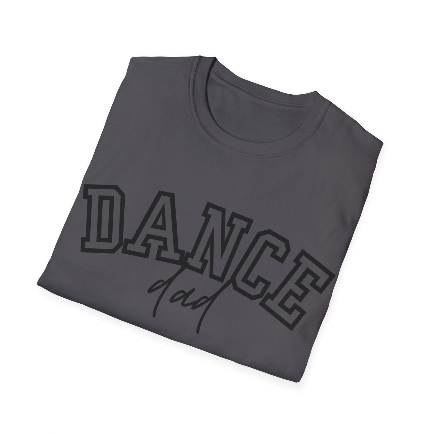 A dark gray cotton t-shirt featuring the word ’dance’ in bold, outlined lettering with a cursive signature below.