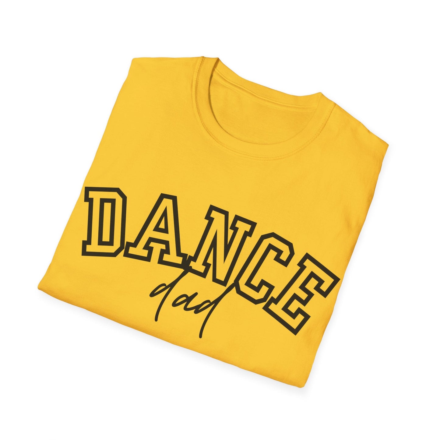 A vibrant yellow cotton t-shirt featuring bold black lettering that reads ’dance’ in a varsity-style font with the word ’dad’ scripted beneath it.
