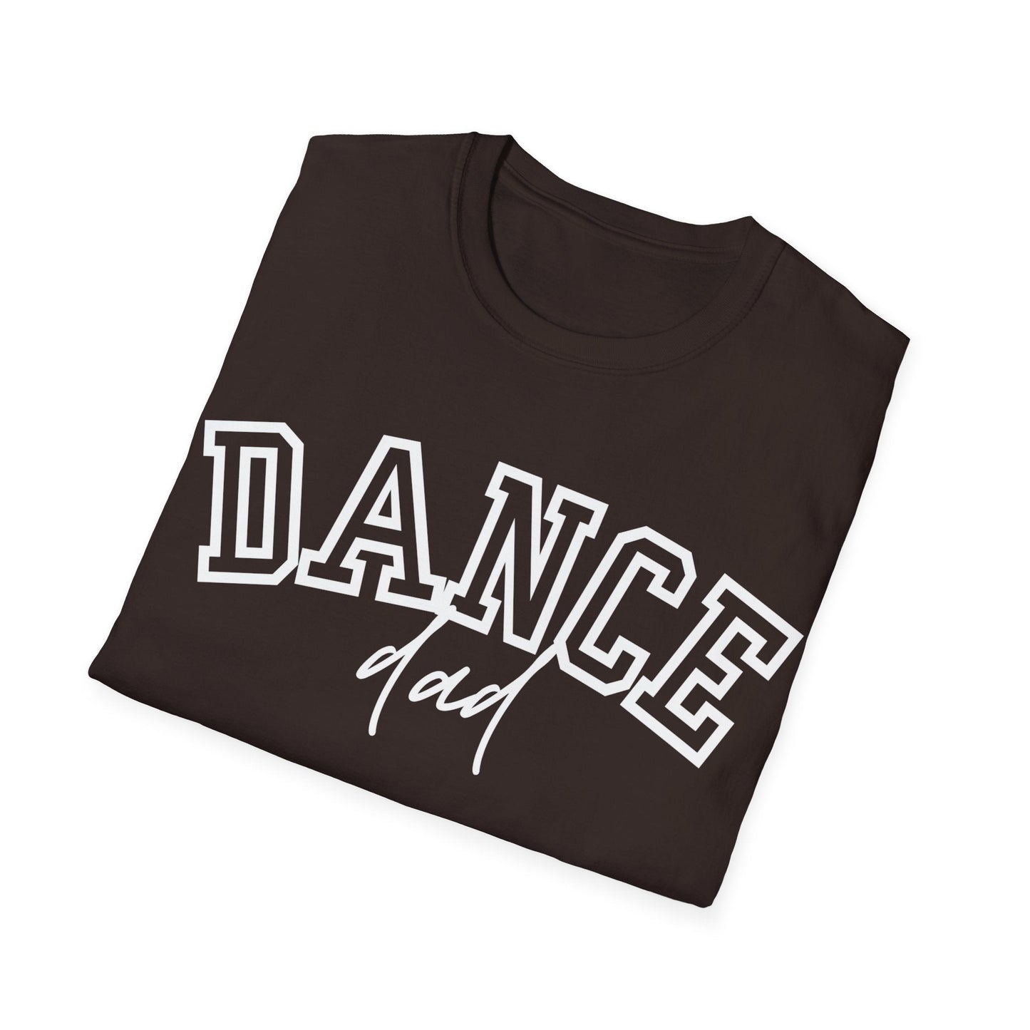 A dark brown cotton t-shirt featuring bold white ’dance’ lettering with a black outline and the word ’dad’ in cursive script beneath it.