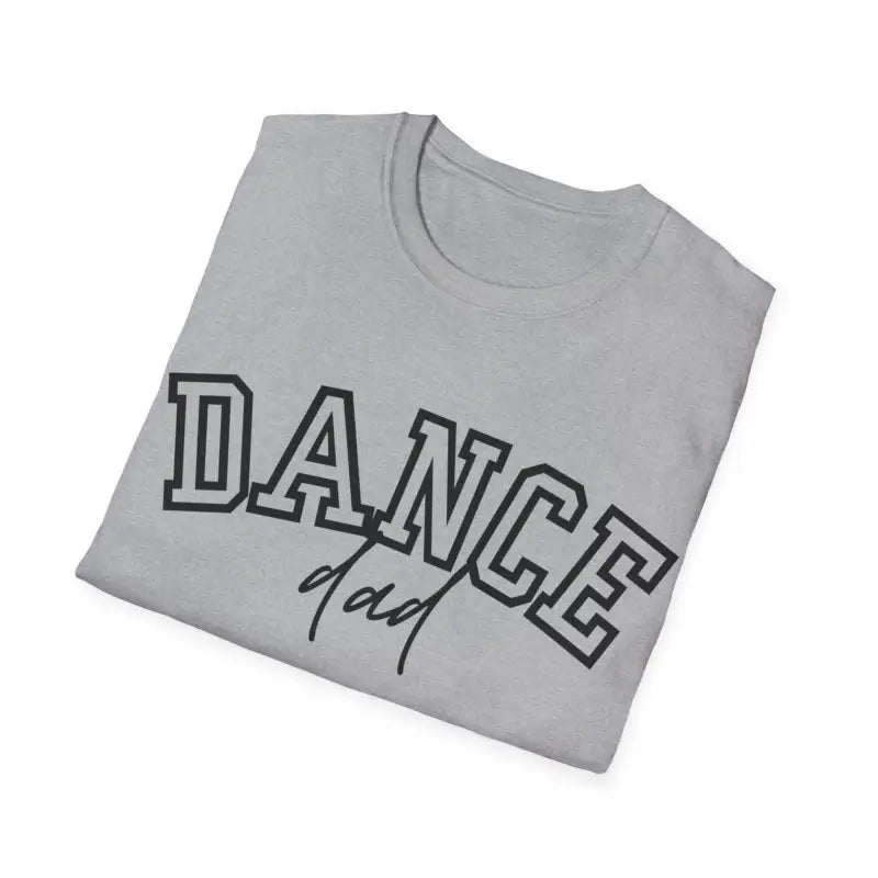 Gray t-shirt with ’DANCE’ text printed in black outline lettering.