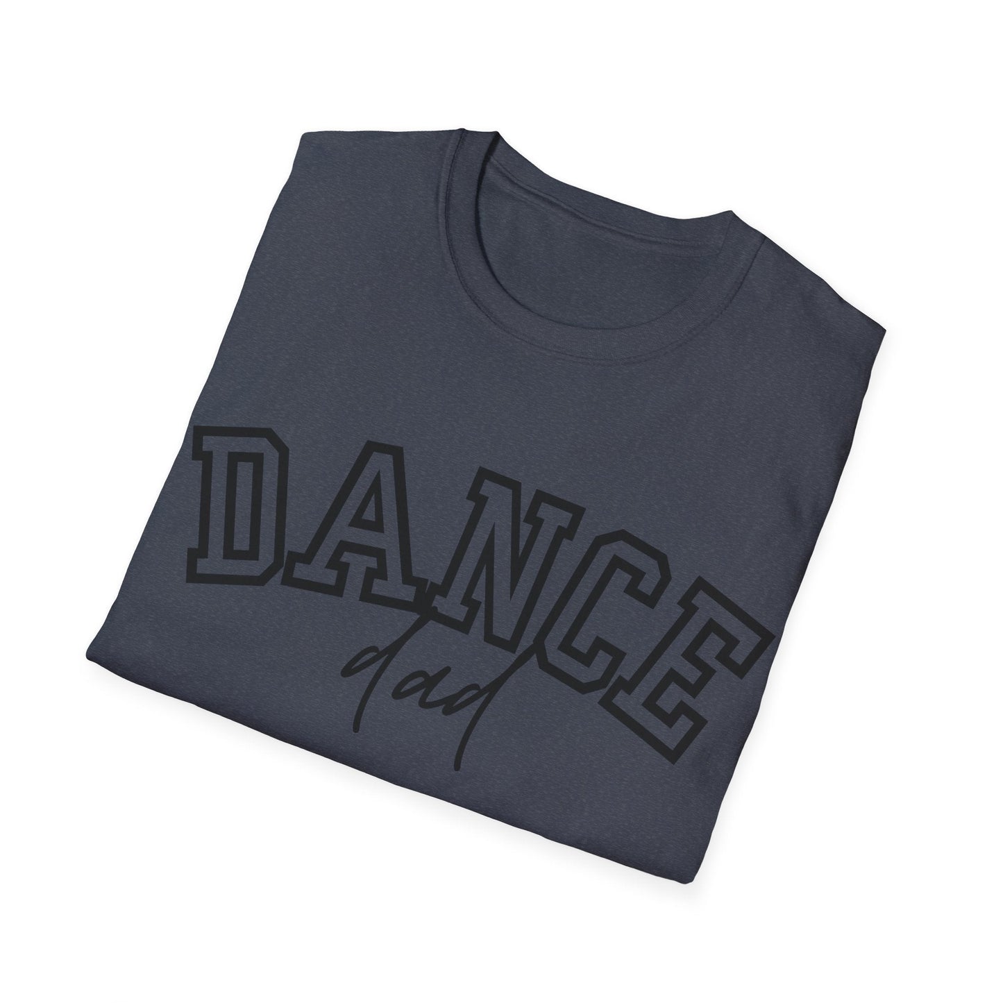 Dark gray cotton t-shirt with ’dance’ in bold black lettering and ’dad’ scripted beneath.