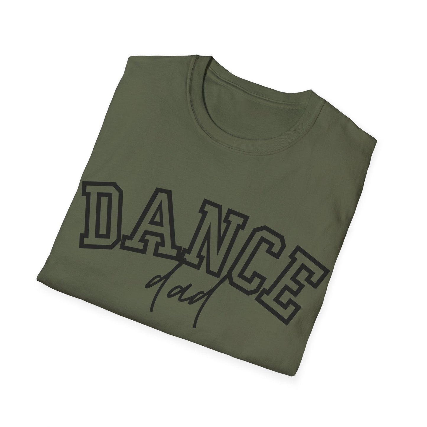 Olive green crewneck t-shirt with ’dance’ in bold black varsity-style lettering and ’dad’ scripted beneath.