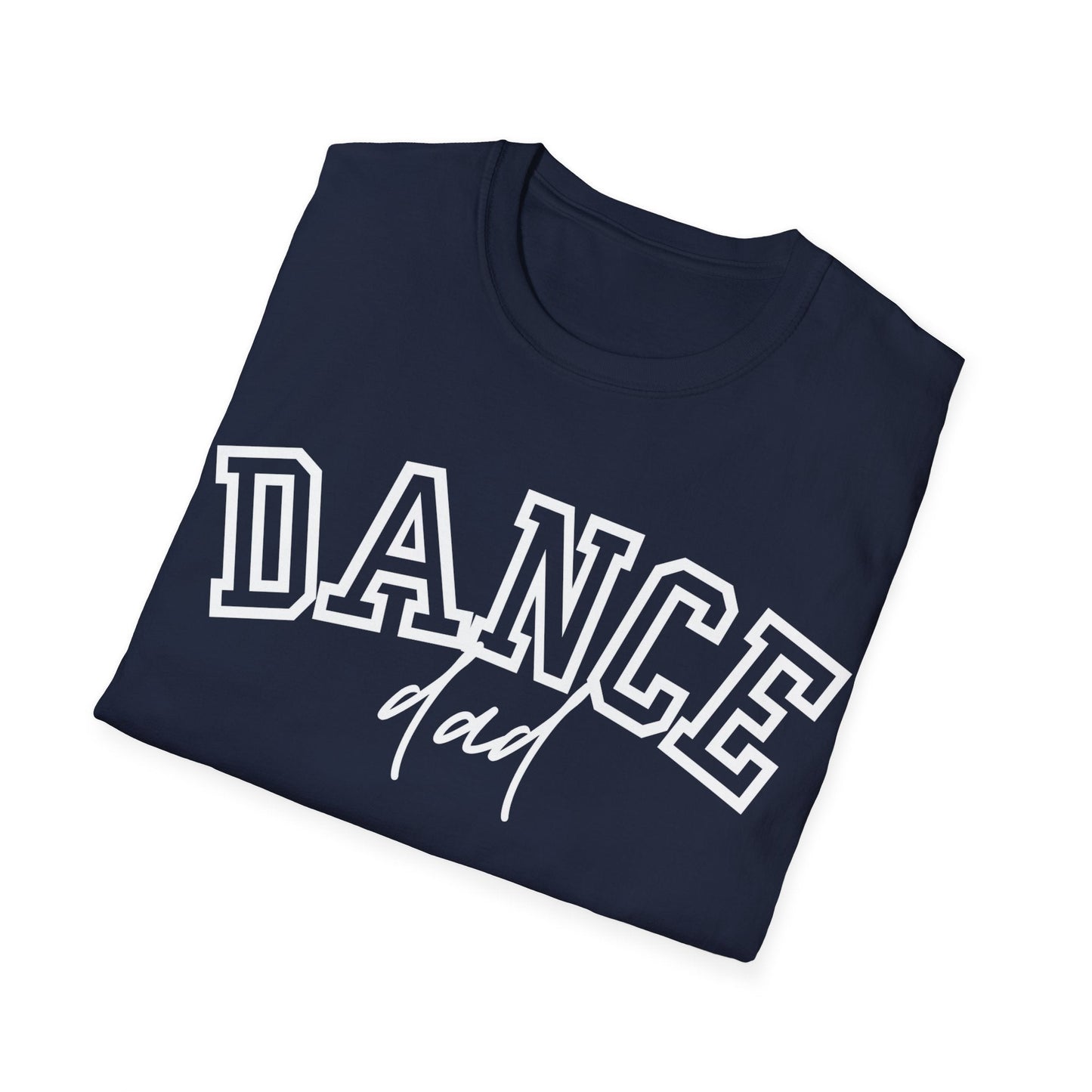 Navy blue cotton t-shirt with ’dance’ in bold white block letters and ’dad’ scripted below