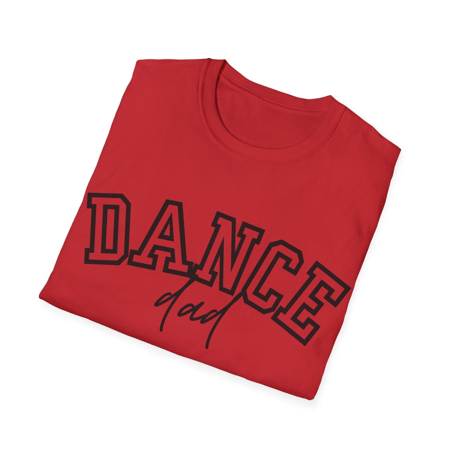 Red cotton t-shirt with bold black ’dance’ lettering and a cursive ’dad’ underneath.