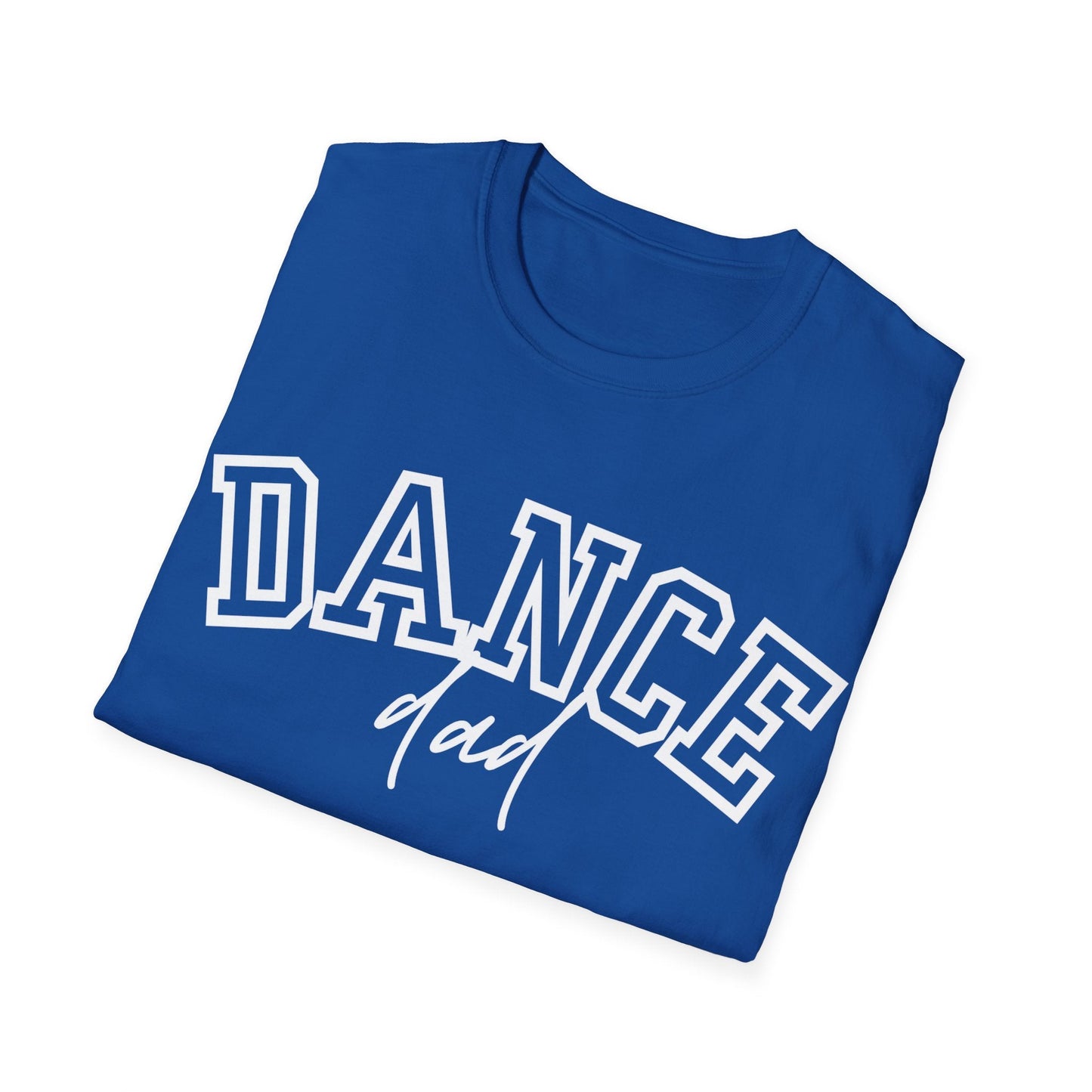 Blue cotton t-shirt with ’dance’ in bold white block letters and ’dad’ scripted below.