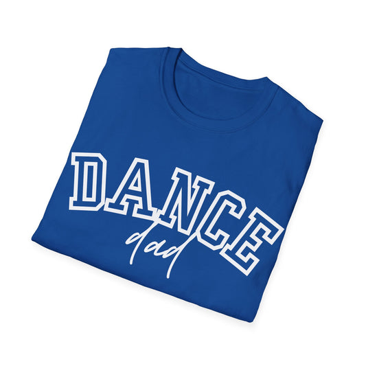Blue cotton t-shirt with ’dance’ in bold white block letters and ’dad’ scripted below.