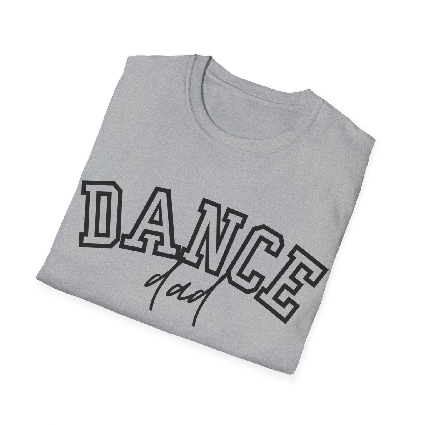 Gray cotton t-shirt with ’dance’ in bold black outlined letters and ’dad’ scripted beneath.