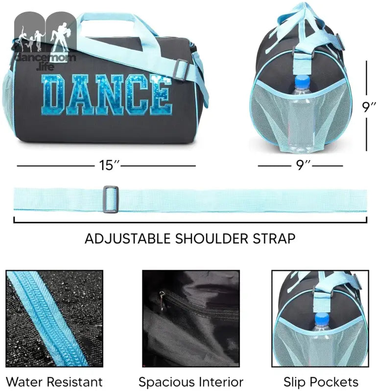 Dance Duffle Bag for Girls, Water-Resistant Kids Travel Bag with Adjustable Carry on and Handy Pouch, Dance Accessories for Girls (Black/Turquoise) One Size