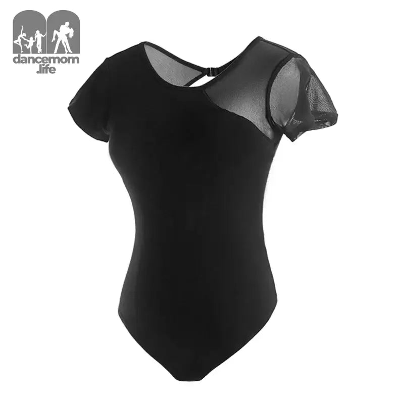 Black short-sleeved dance leotard with mesh shoulder detail.