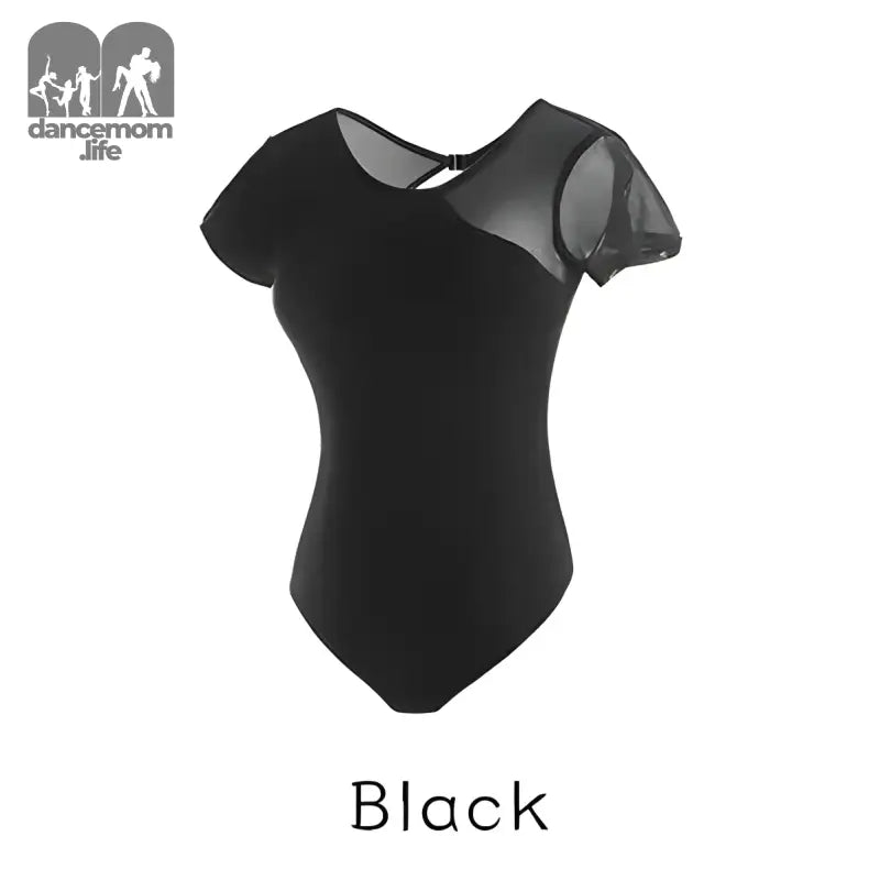 Black dance leotard with mesh cap sleeves.