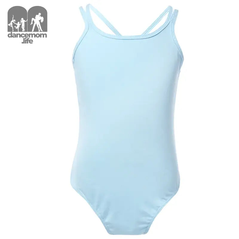 Light blue sleeveless leotard with crossed straps in the back.