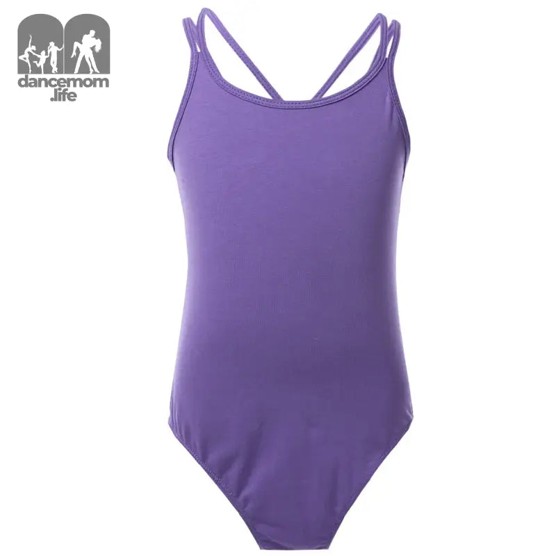 Purple one-piece swimsuit with crossed back straps.