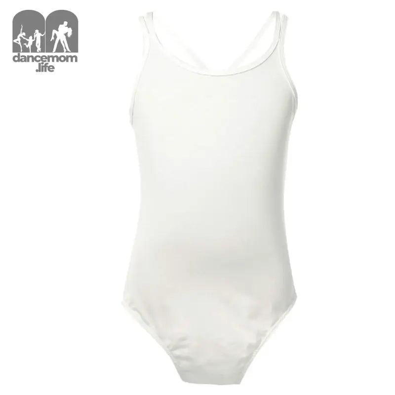 White sleeveless leotard with a scoop neckline.