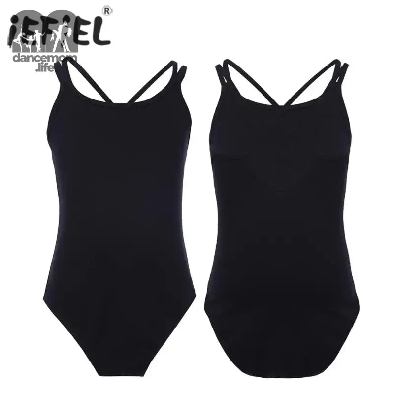 Black cross-back leotard with thin straps.